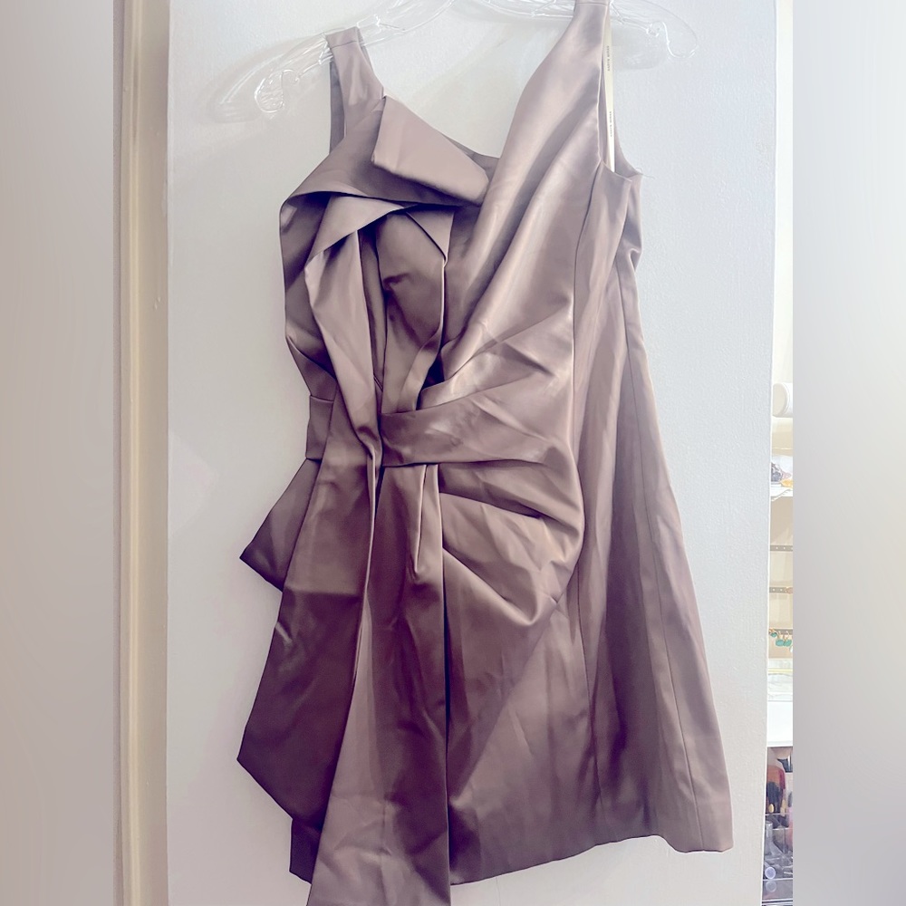Holiday New Years Eve Karyn Miran Ultra short muted purple shiny satiny dress